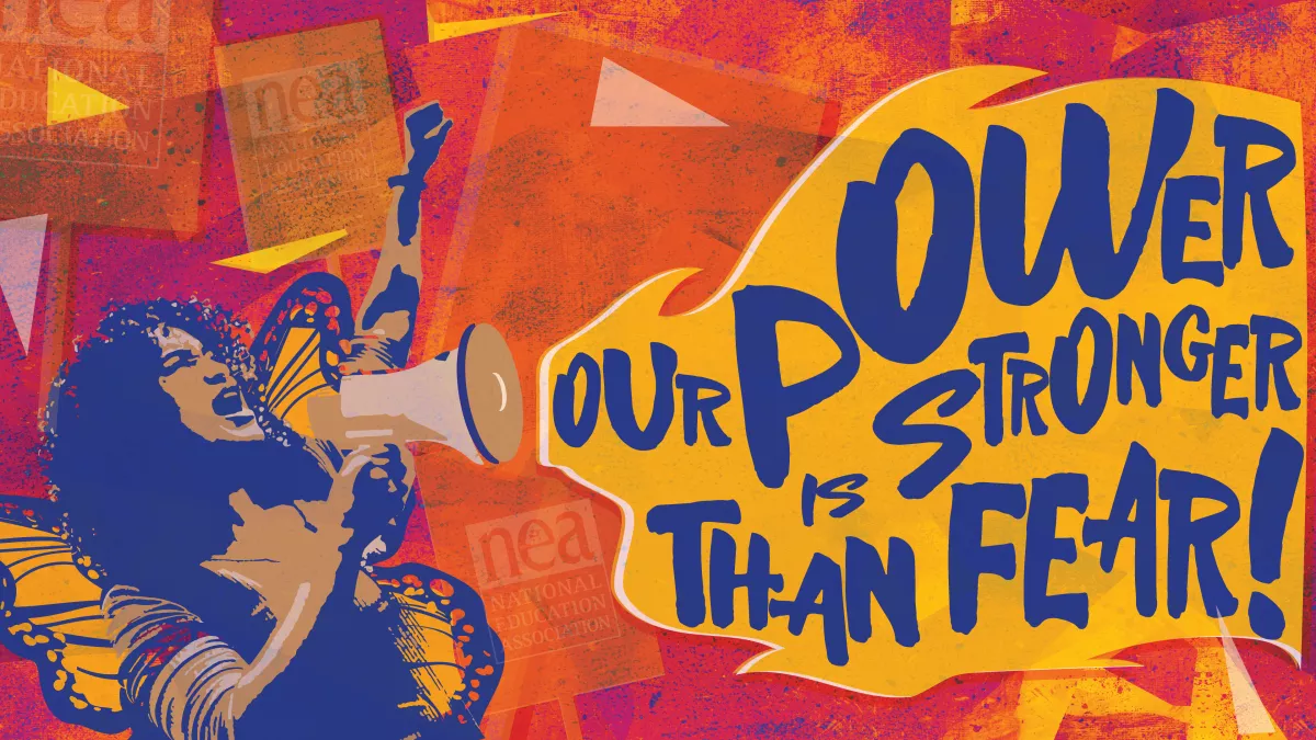 colorful graphic of women with megaphone saying Our Power is Stronger Than Fear