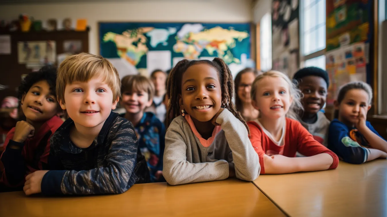 A primary elementary school group of children studying in the classroom. learning and sitting at the desk. young cute kids smiling