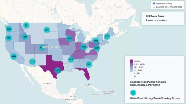 Screenshot of the ALA's book ban map website
