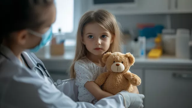 A child, holding a teddy bear, during a doctor's visit.